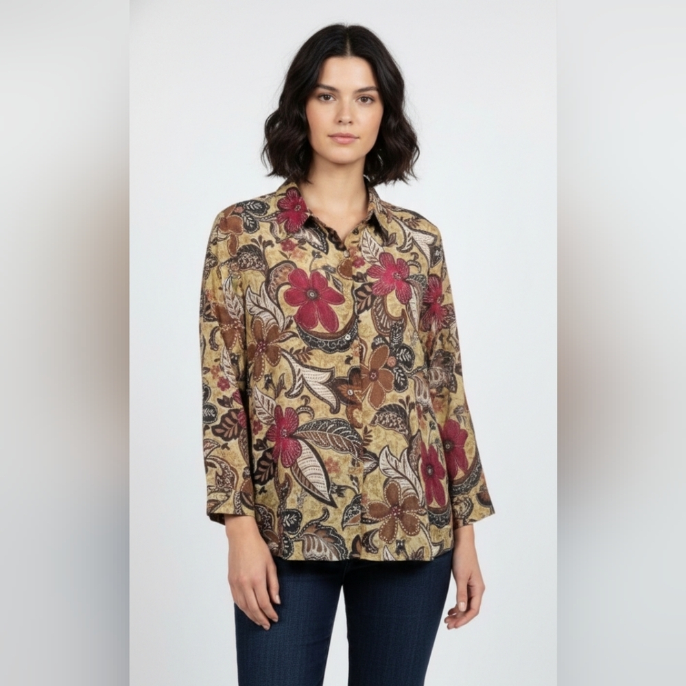 Alfred Dunner Blouse Brown Floral Boho Sheer Button-Down Retro Hippie 16